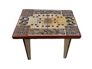 Handmade mosaic side table constructed from plywood blocks, red cedar, and maple plywood. The table is 25' long x 17.5' wide x 22.5' high. 