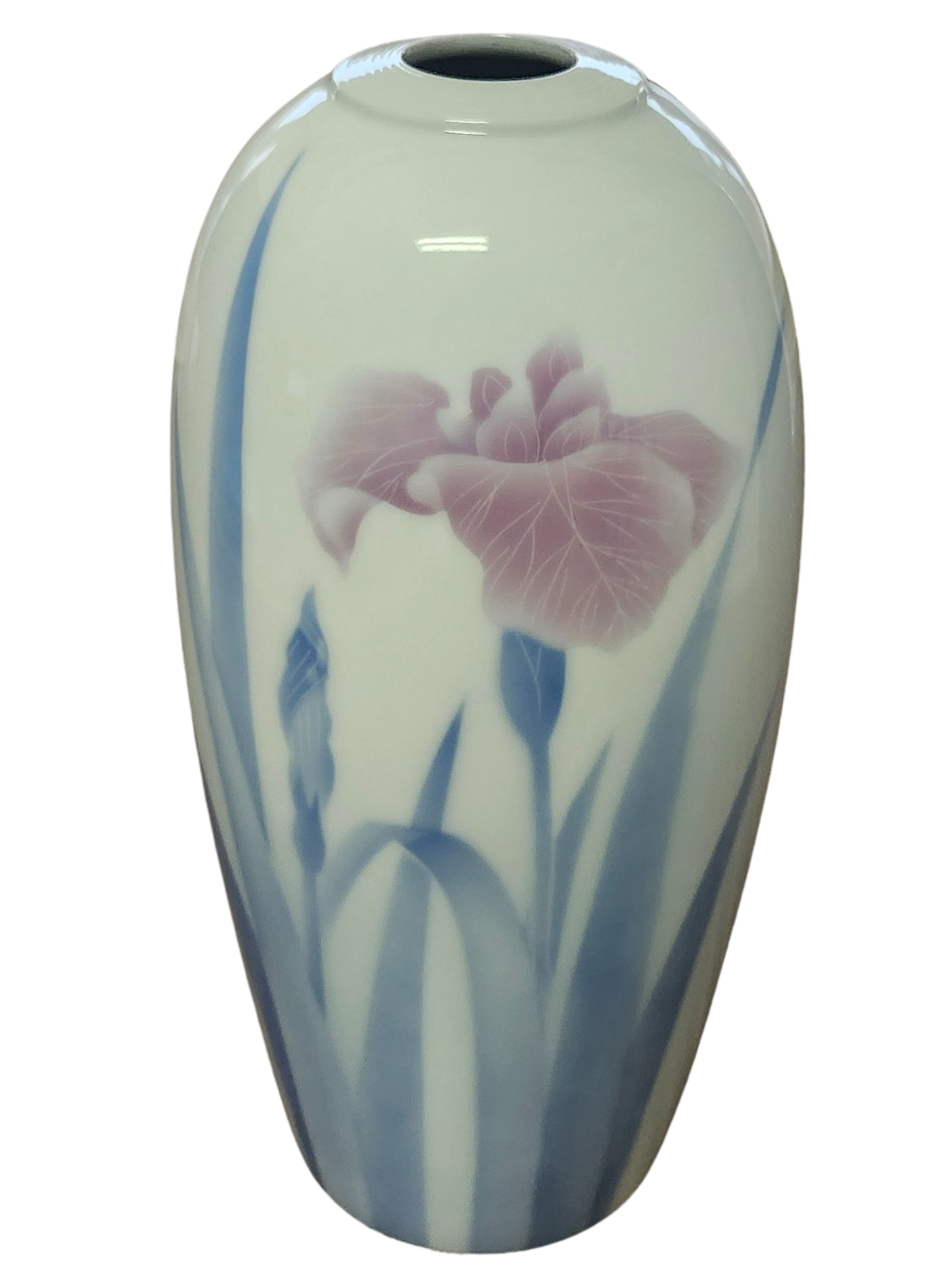 Japanese porcelain vase with painted iris motif. Made by the Fukagawa Porcelain Company, in business since the 1890s. This piece dates from the late 1970s and stands 9.5” tall.